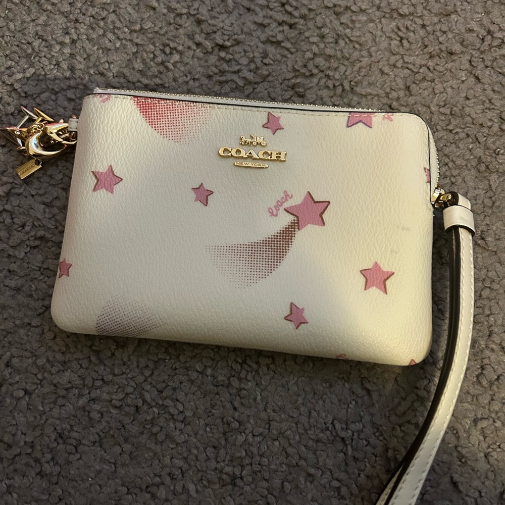 Coach Wristlet with Pink Stars on Cream